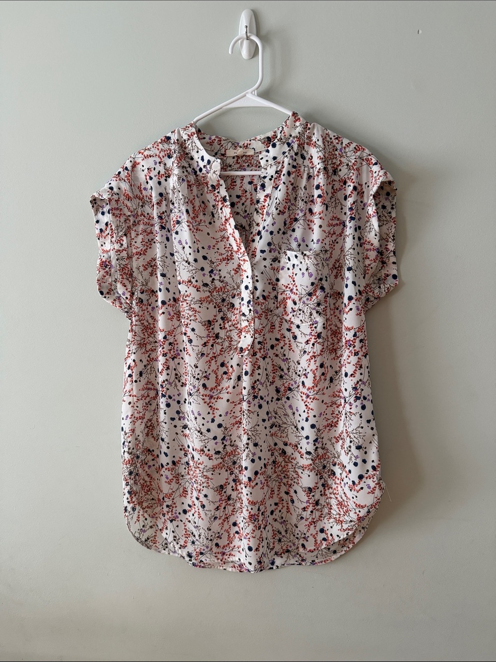 Cream Short-Sleeve Floral Printed Blouse